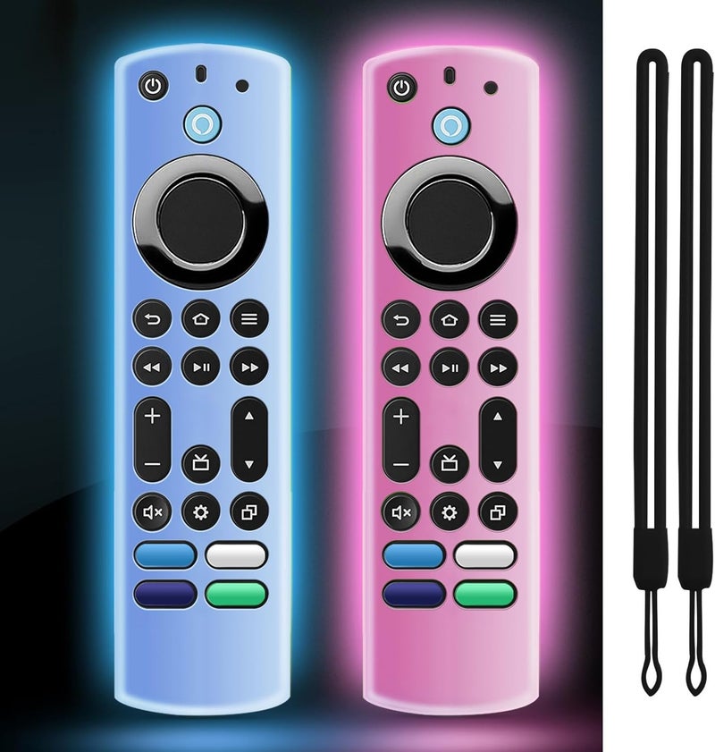 OneBom (2 Pack) Silicone TV Remote Cover, (6.2 Inch*1.5 Inch) Glow in The Dark, Anti Slip Silicone Protective Case with Lanyard(Glow Blue&Glow Pink) - Image 1